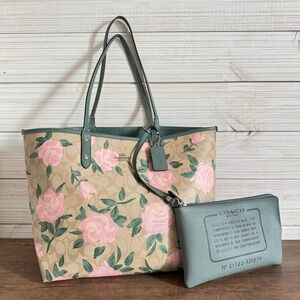 Coach Reversible Tote Floral Rose Bag Purse Green Pink *Flaws*